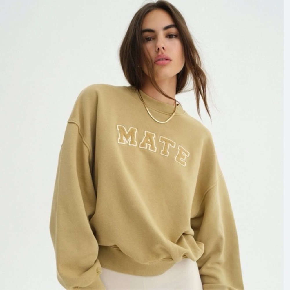 Crewneck Sweatshirt in Olive Tan with 'MATE' Embroidery